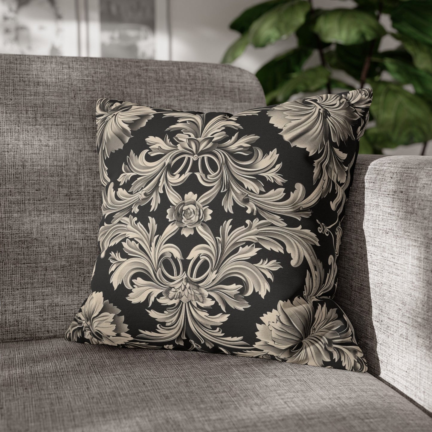 Elegant 19th Century Vintage Floral Damask Pillowcase in Black and Off-White (Pillow not included)