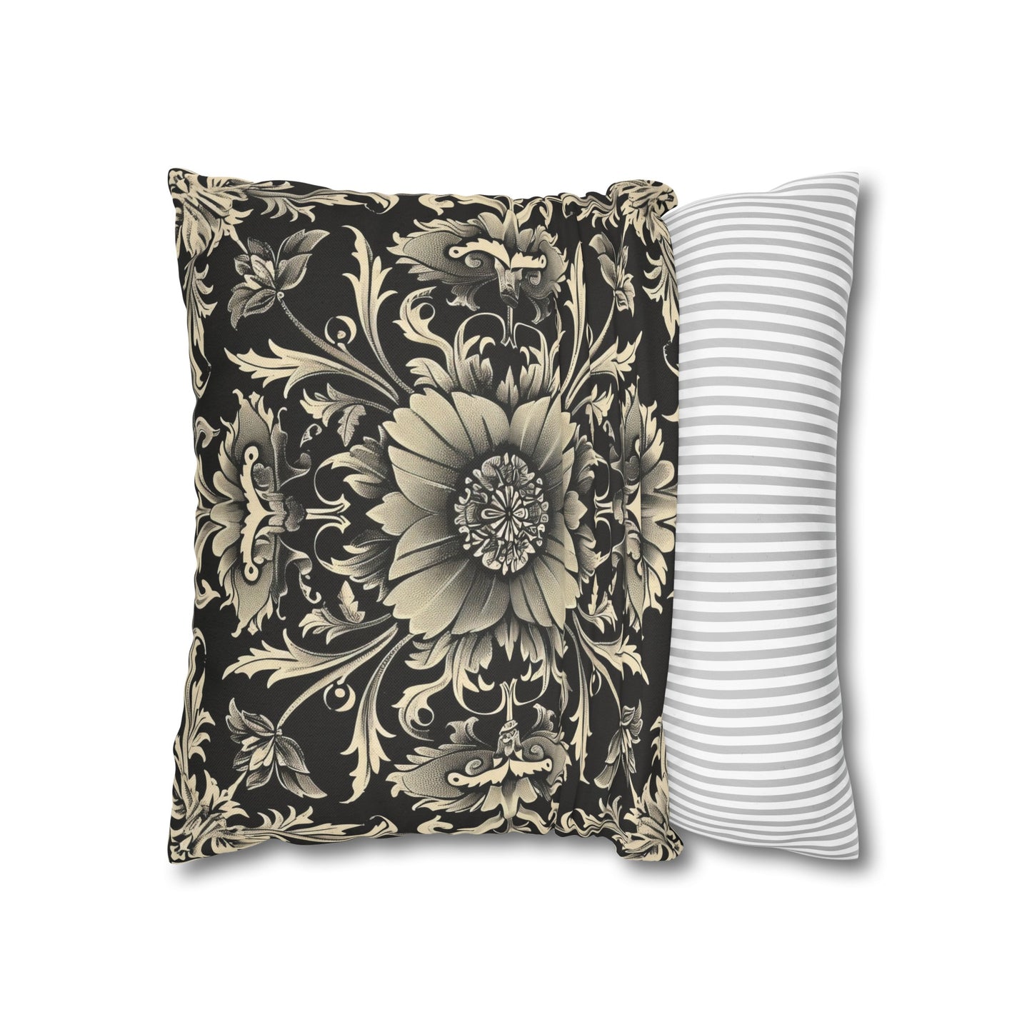 Elegant 19th Century Vintage Floral Damask Pillowcase in Black and Off-White (Pillow not included)