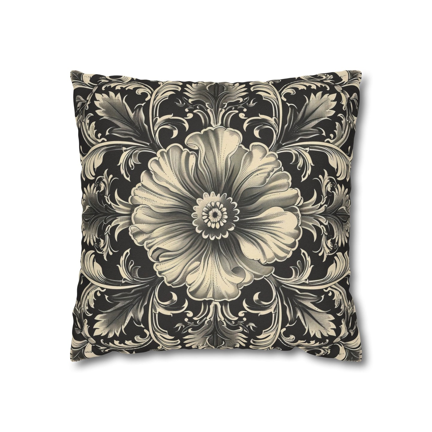 Elegant 19th Century Vintage Floral Damask Pillowcase in Black and Off-White (Pillow not included)