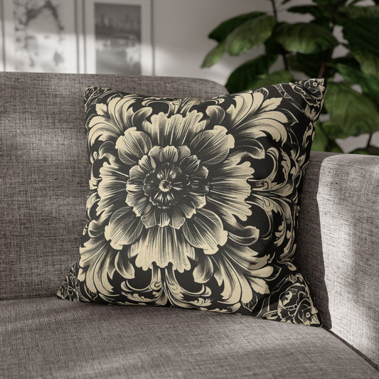 Elegant 19th Century Vintage Floral Damask Pillowcase in Black and Off-White (Pillow not included)