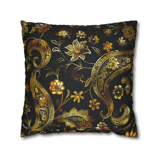 Elegant Black & Gold Paisley Throw Pillowcase - Luxurious Floral Baroque Design (Pillow not included)