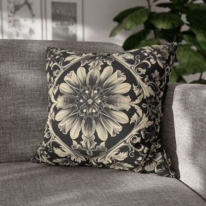 Elegant 19th Century Vintage Floral Damask Pillowcase in Black and Off-White (Pillow not included)