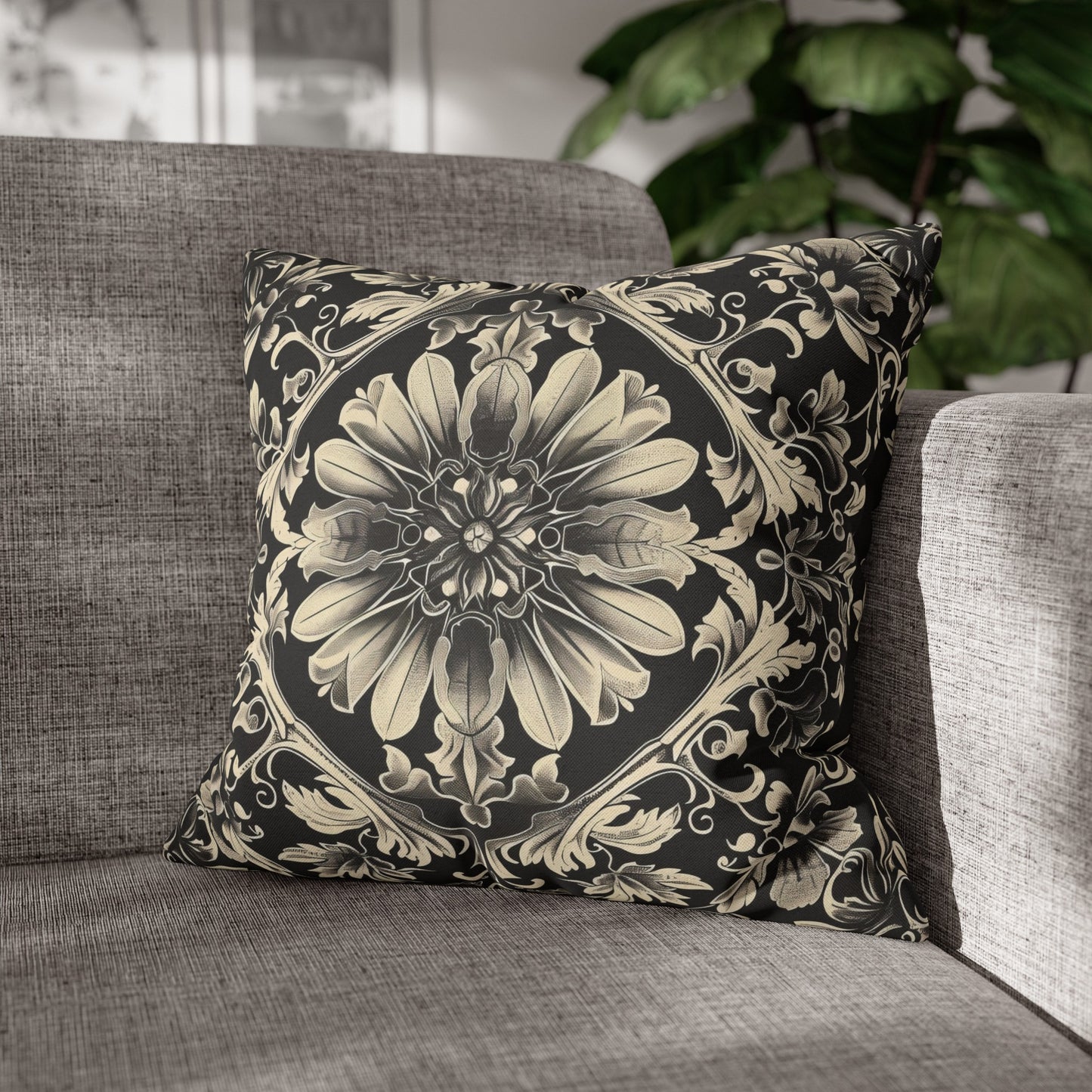 Elegant 19th Century Vintage Floral Damask Pillowcase in Black and Off-White (Pillow not included)