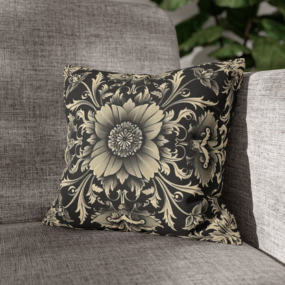 Elegant 19th Century Vintage Floral Damask Pillowcase in Black and Off-White (Pillow not included)