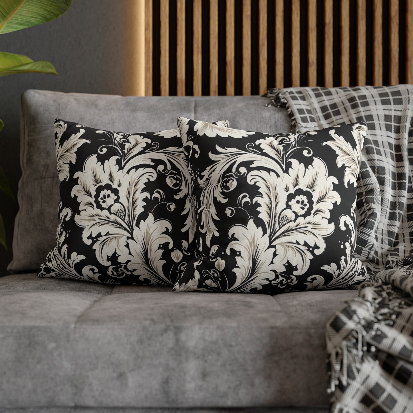 Elegant 19th Century Vintage Floral Damask Pillowcase in Black and White (Pillow not included)