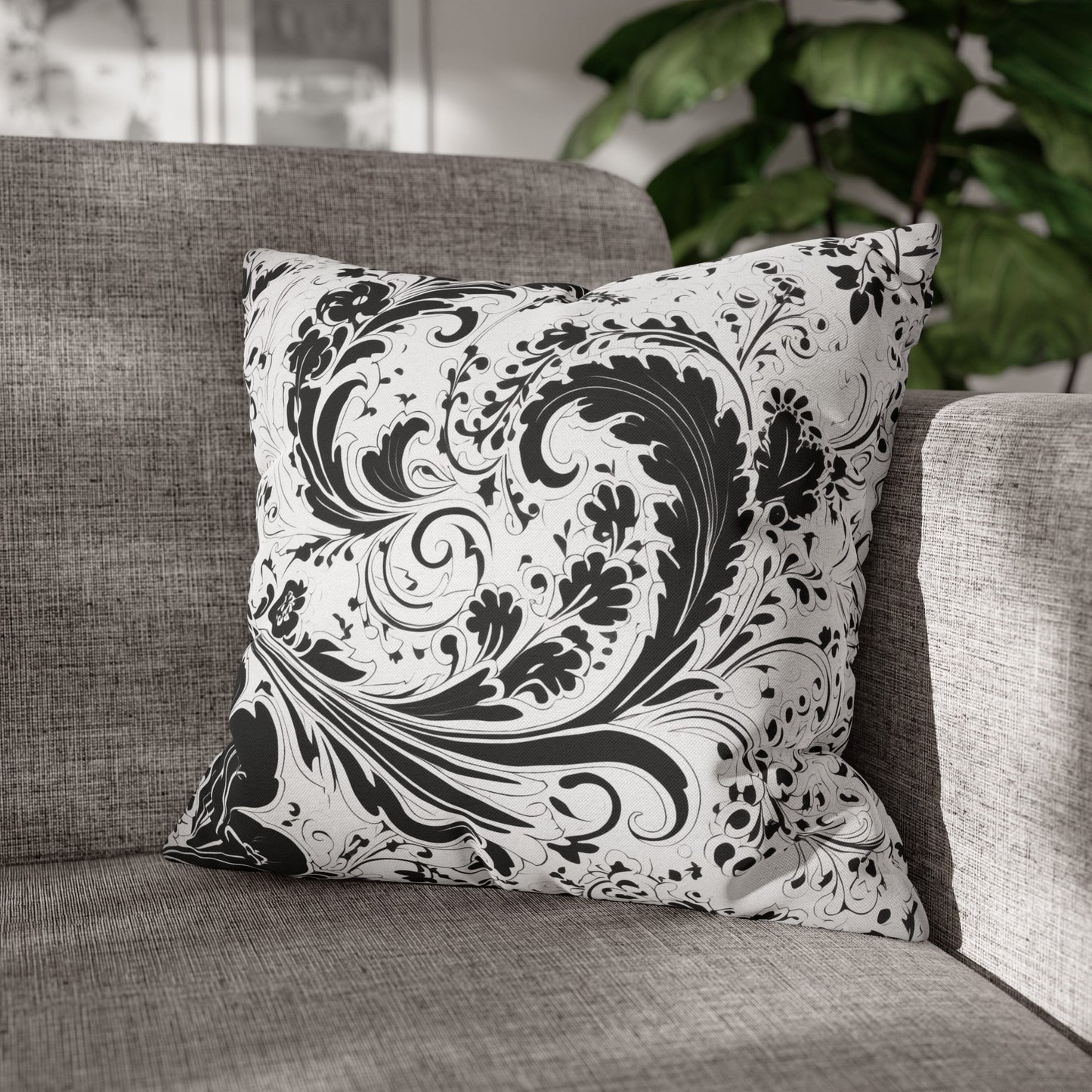 Elegant 19th Century Vintage Floral Damask Paisley Pillowcase in Black and White (Pillow not included)