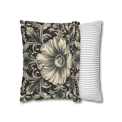 Elegant 19th Century Vintage Floral Damask Pillowcase in Black and Off-White (Pillow not included)