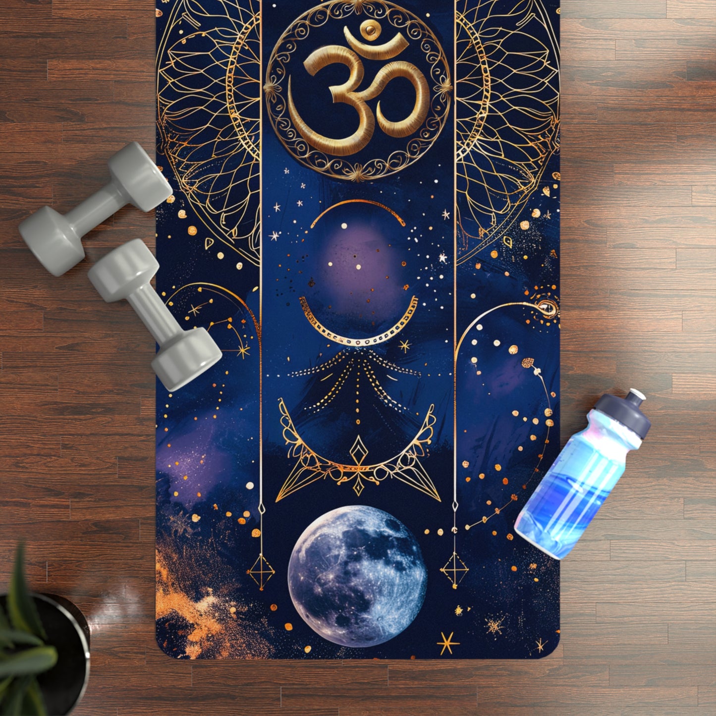 Non-Slip Rubber Yoga Mat with Vibrant Print - Celestial Dance Cosmic Balance Mandala and Om Symbol