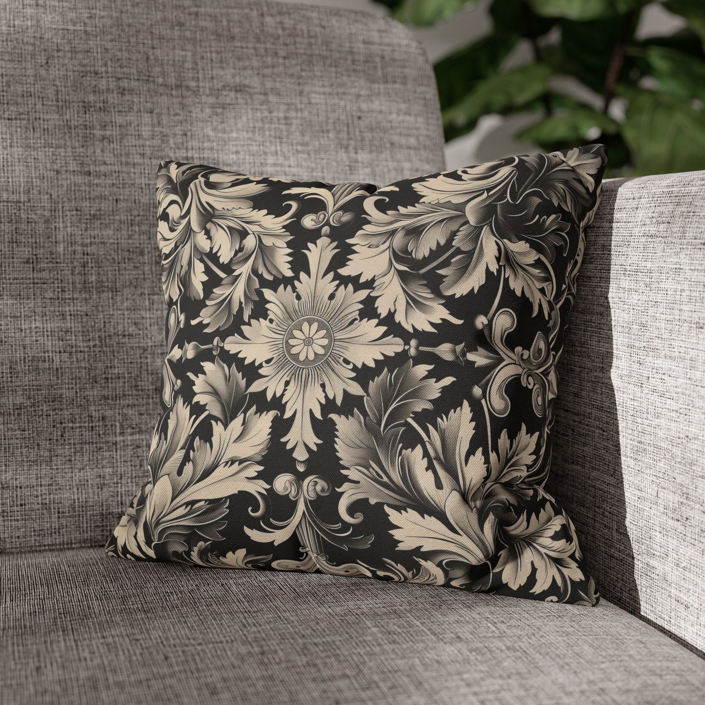 Elegant 19th Century Vintage Floral Damask Pillowcase in Black and Off-White (Pillow not included)