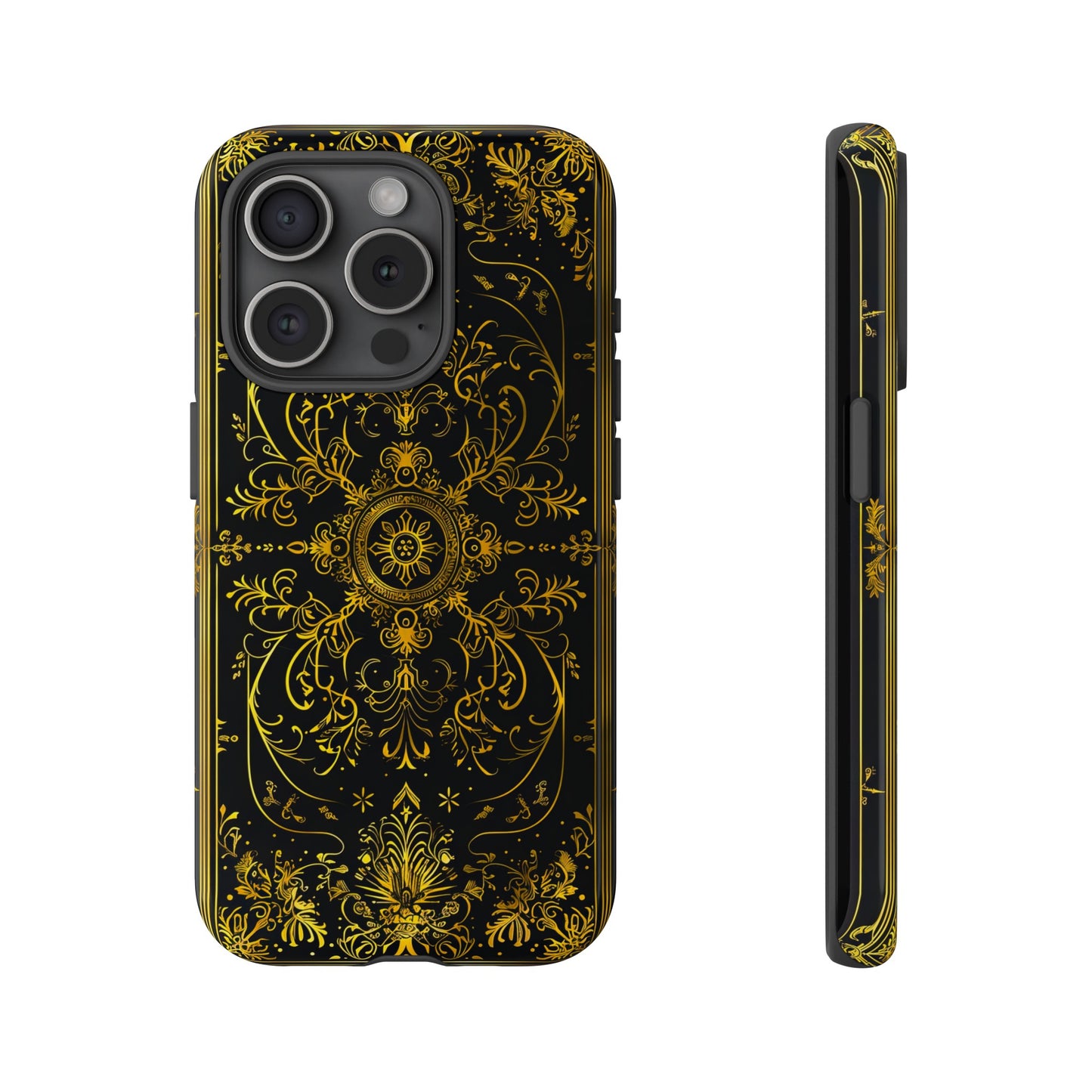 Luxury Gold Floral Damask Tough Phone Case - Elegant Black & Gold Baroque Design