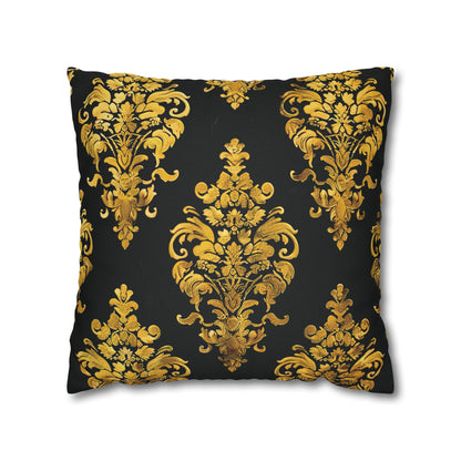 Elegant Black & Gold Damask Throw Pillowcase - Luxurious Floral Baroque Design (Pillow not included)