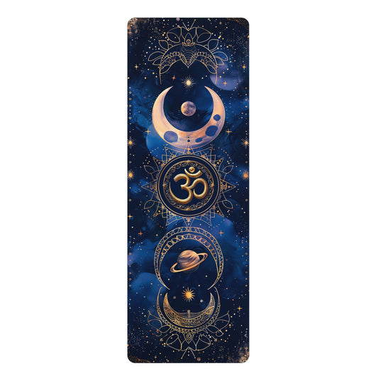 Non-Slip Rubber Yoga Mat with Vibrant Print - Celestial Dance Cosmic Balance Mandala and Om Symbol