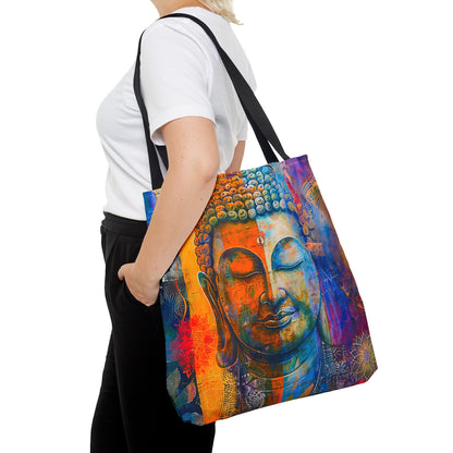 Vibrant Spiritual Buddhist Art Tote Bag Durable Polyester with Cotton Straps Available in 3 Sizes