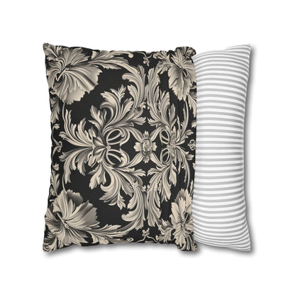 Elegant 19th Century Vintage Floral Damask Pillowcase in Black and Off-White (Pillow not included)