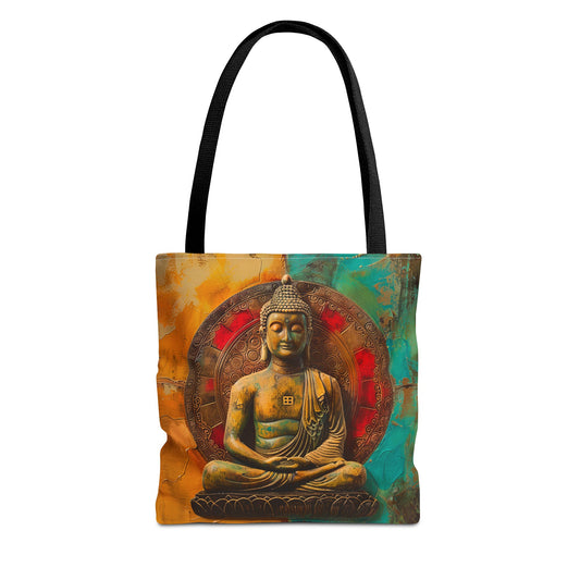 Vibrant Spiritual Buddhist Art Tote Bag Durable Polyester with Cotton Straps Available in 3 Sizes