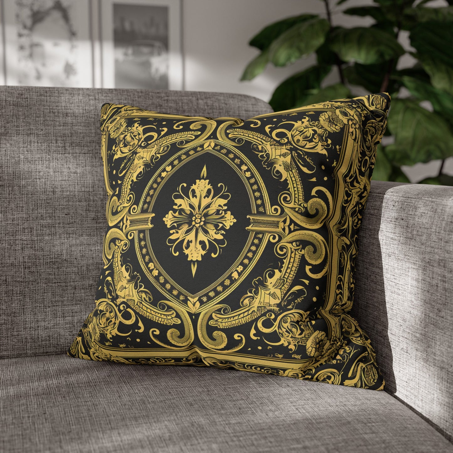 Elegant 19th Century Vintage Floral Damask Pillowcase in Black and Gold (Pillow not included)