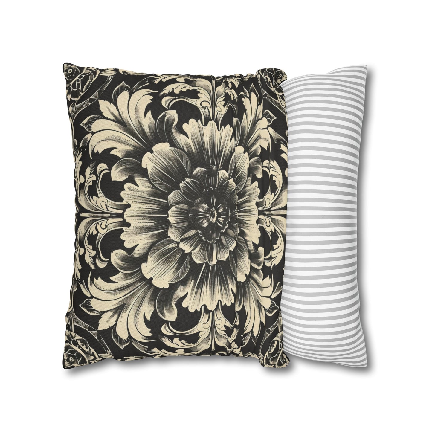 Elegant 19th Century Vintage Floral Damask Pillowcase in Black and Off-White (Pillow not included)