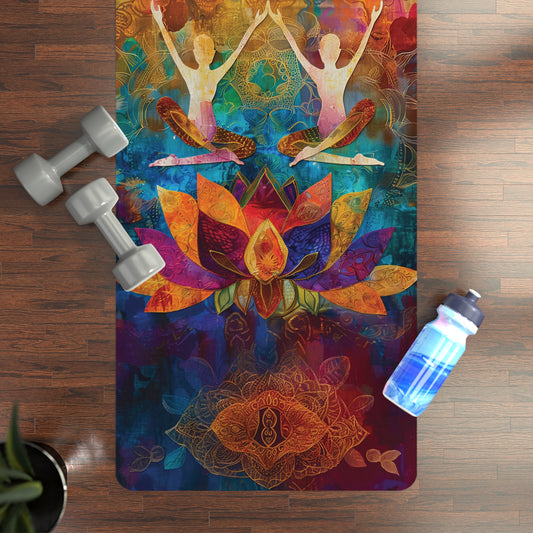 Non-Slip Rubber Yoga Mat with Vibrant Print - Figures Meditating Eye-Catching Design Featuring Lotus Flower and Om Symbol