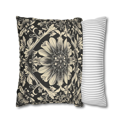 Elegant 19th Century Vintage Floral Damask Pillowcase in Black and Off-White (Pillow not included)