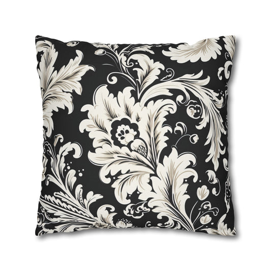 Elegant 19th Century Vintage Floral Damask Pillowcase in Black and White (Pillow not included)