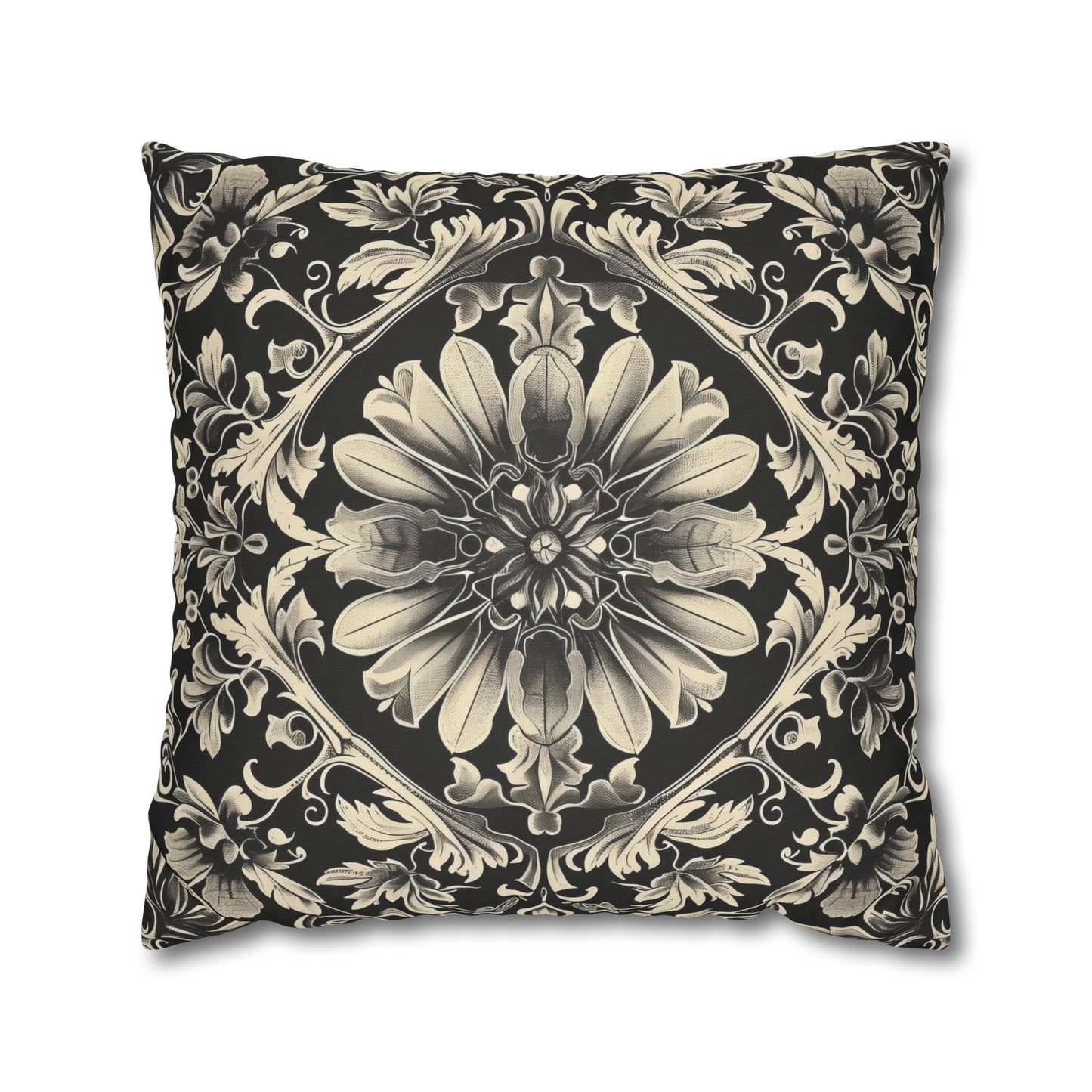 Elegant 19th Century Vintage Floral Damask Pillowcase in Black and Off-White (Pillow not included)