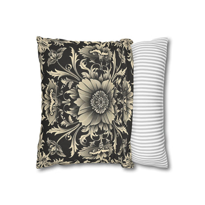 Elegant 19th Century Vintage Floral Damask Pillowcase in Black and Off-White (Pillow not included)