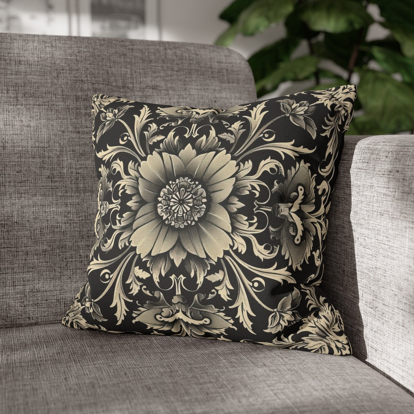 Elegant 19th Century Vintage Floral Damask Pillowcase in Black and Off-White (Pillow not included)