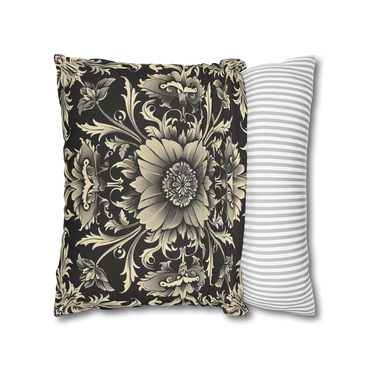 Elegant 19th Century Vintage Floral Damask Pillowcase in Black and Off-White (Pillow not included)