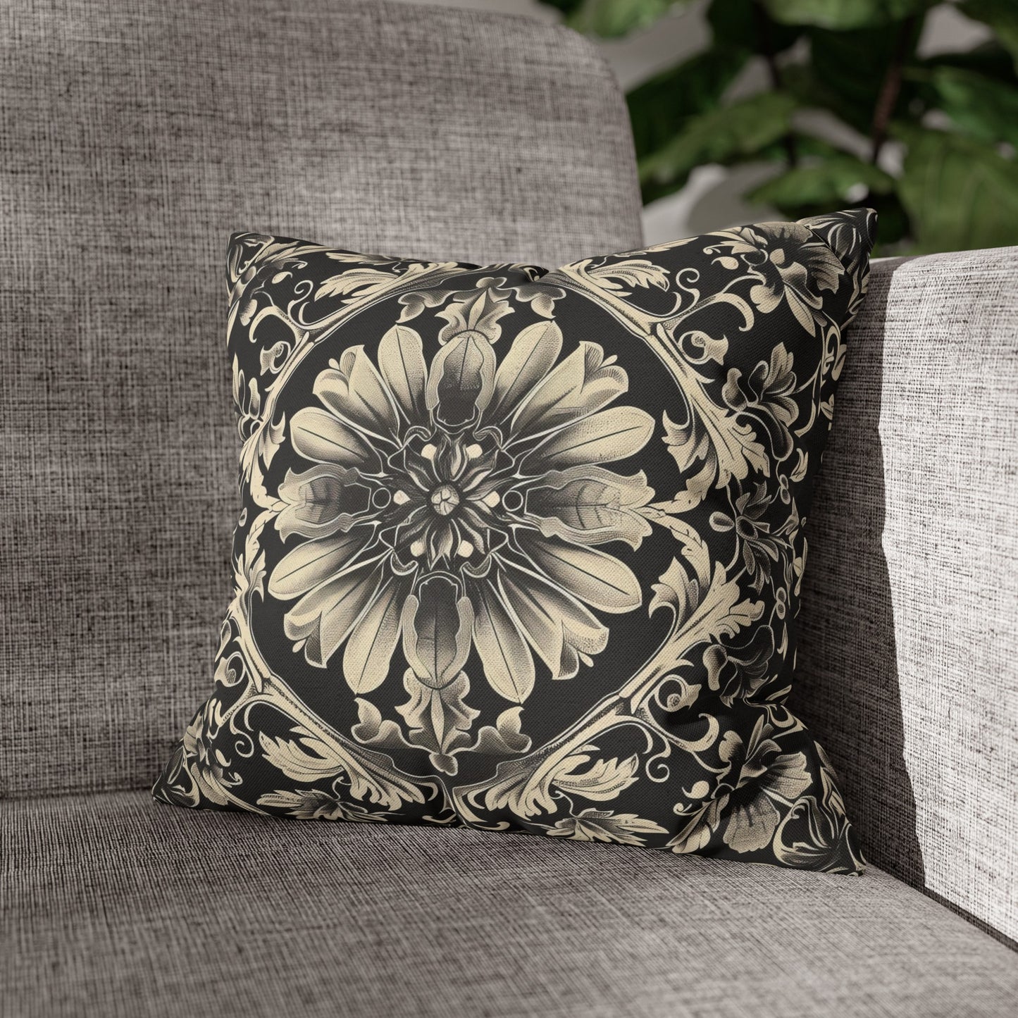 Elegant 19th Century Vintage Floral Damask Pillowcase in Black and Off-White (Pillow not included)