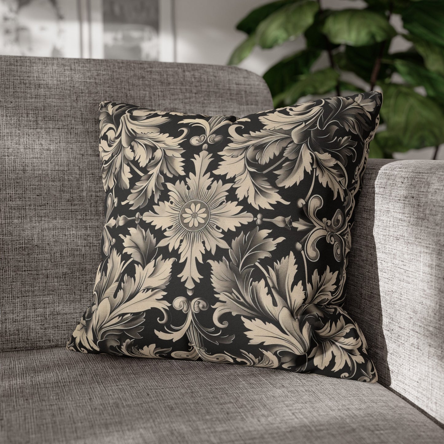 Elegant 19th Century Vintage Floral Damask Pillowcase in Black and Off-White (Pillow not included)