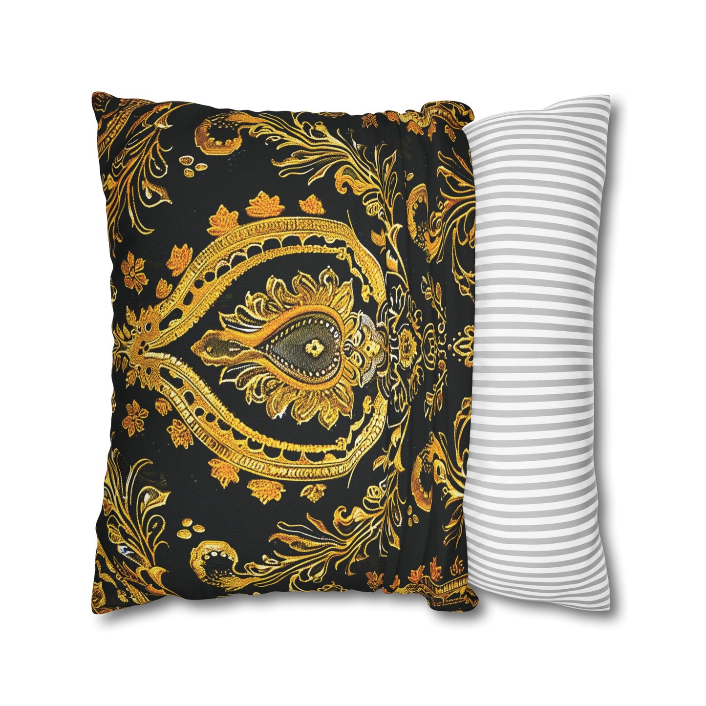 Elegant Black & Gold Damask Throw Pillowcase - Luxurious Floral Baroque Design (Pillow not included)