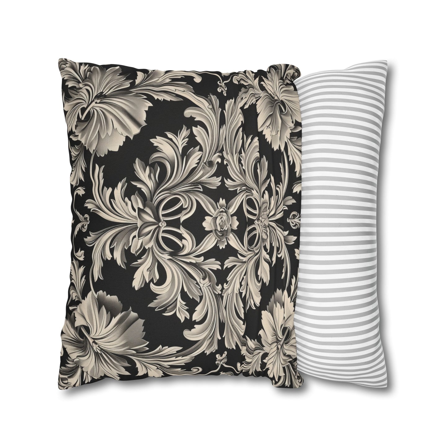 Elegant 19th Century Vintage Floral Damask Pillowcase in Black and Off-White (Pillow not included)