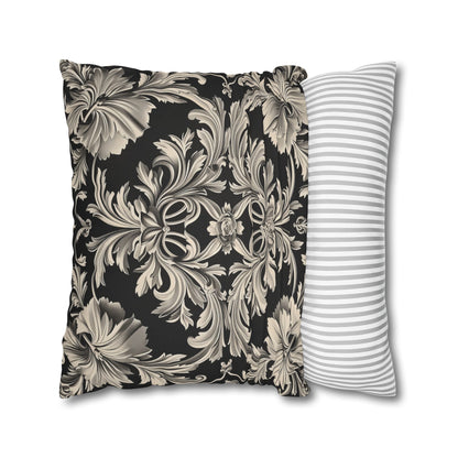 Elegant 19th Century Vintage Floral Damask Pillowcase in Black and Off-White (Pillow not included)