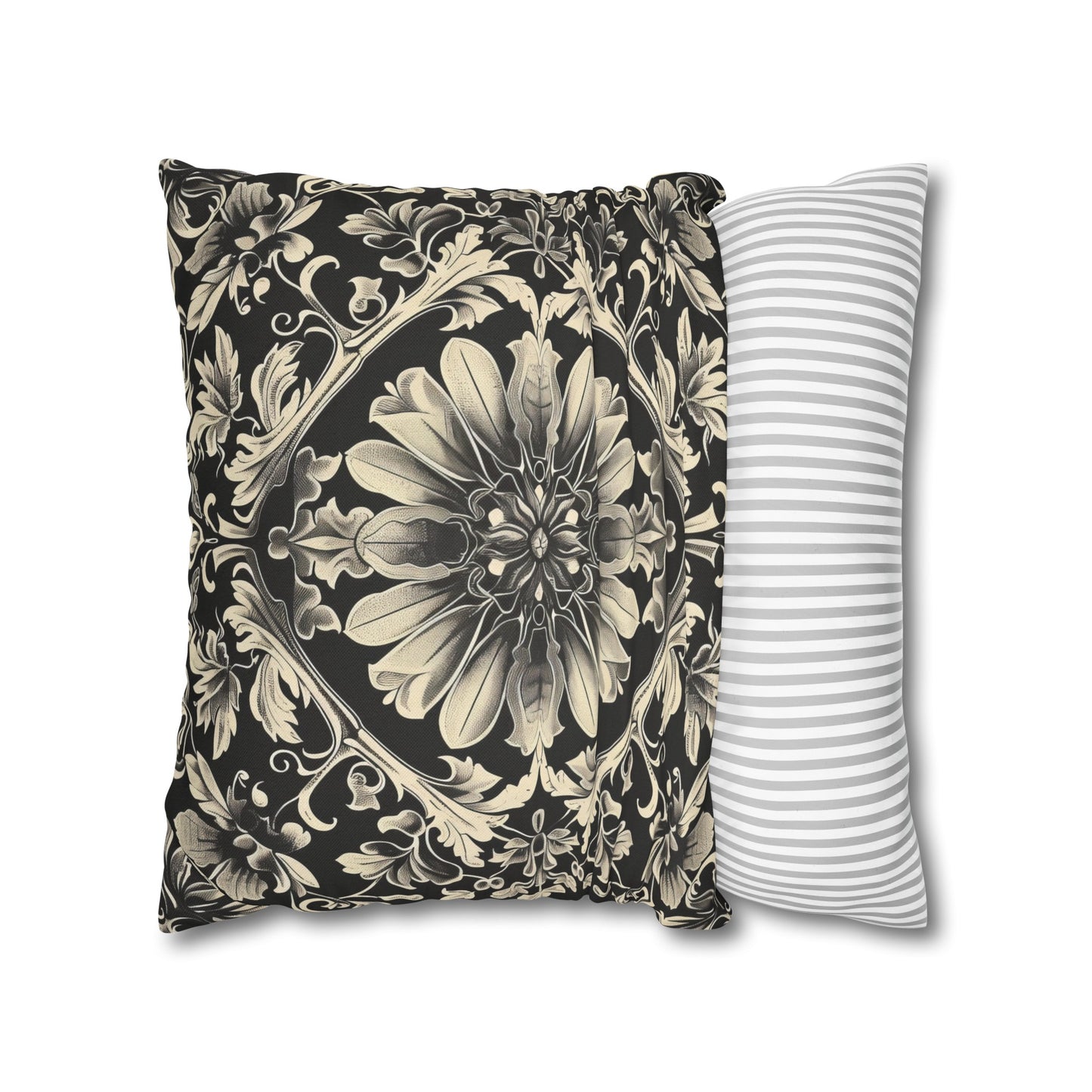 Elegant 19th Century Vintage Floral Damask Pillowcase in Black and Off-White (Pillow not included)