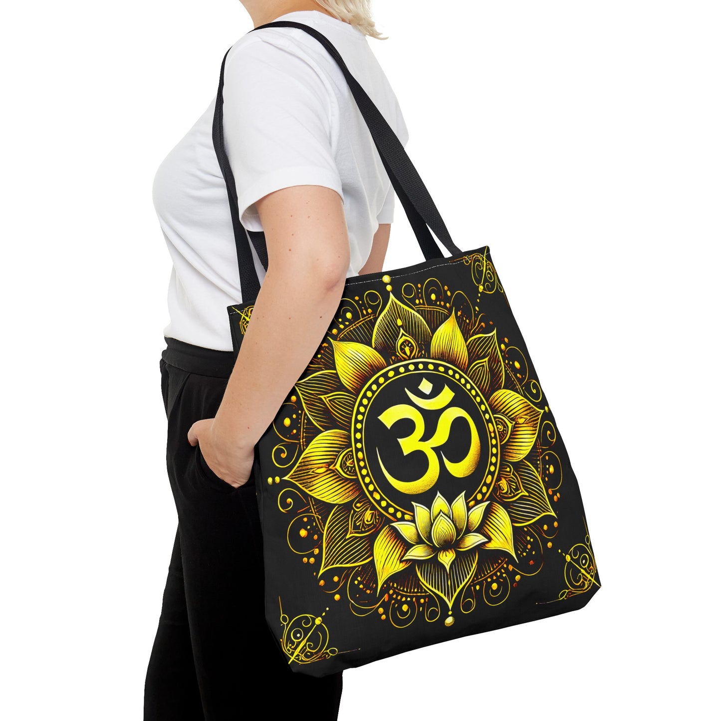 Vibrant Spiritual Yoga Art Om Symbol Tote Bag Durable Polyester with Cotton Straps Available in 3 Sizes