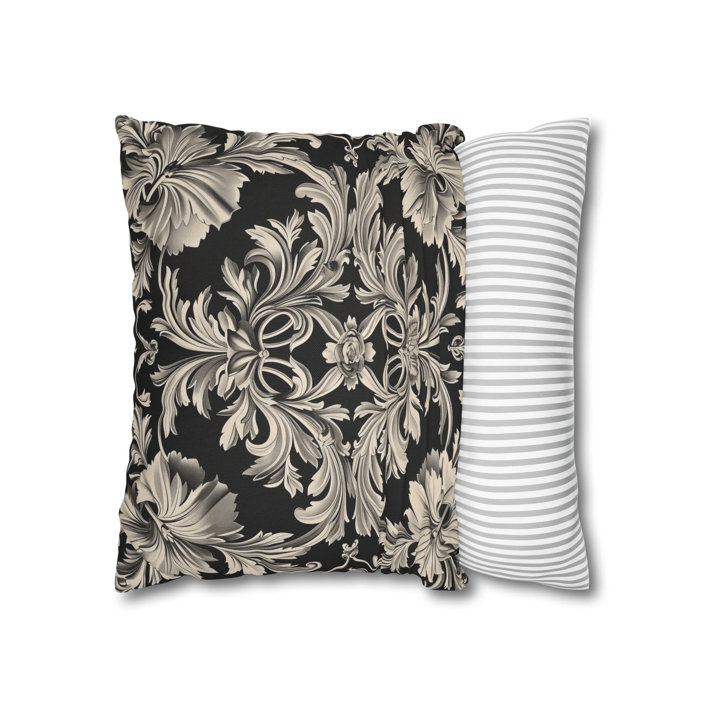 Elegant 19th Century Vintage Floral Damask Pillowcase in Black and Off-White (Pillow not included)