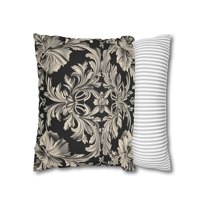 Elegant 19th Century Vintage Floral Damask Pillowcase in Black and Off-White (Pillow not included)