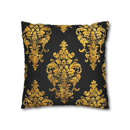 Elegant Black & Gold Damask Throw Pillowcase - Luxurious Floral Baroque Design (Pillow not included)