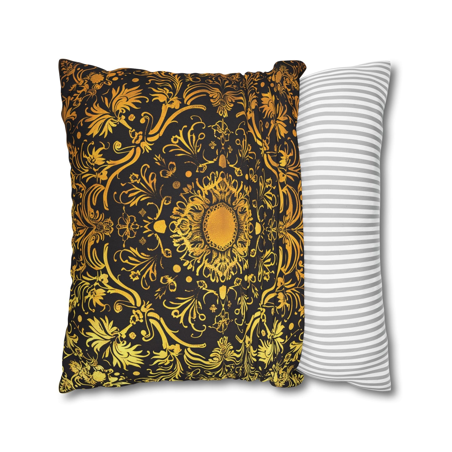 Elegant Black & Gold Damask Throw Pillowcase - Luxurious Floral Baroque Design (Pillow not included)