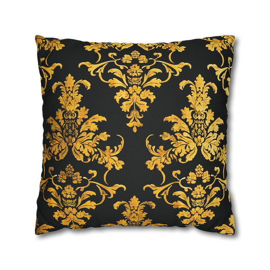 Elegant Black & Gold Damask Throw Pillowcase - Luxurious Floral Baroque Design (Pillow not included)