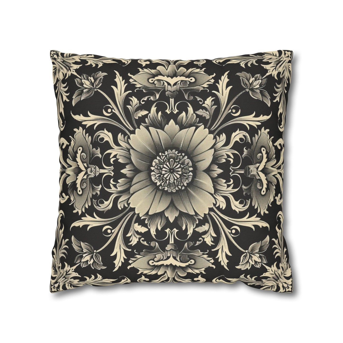 Elegant 19th Century Vintage Floral Damask Pillowcase in Black and Off-White (Pillow not included)