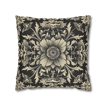 Elegant 19th Century Vintage Floral Damask Pillowcase in Black and Off-White (Pillow not included)