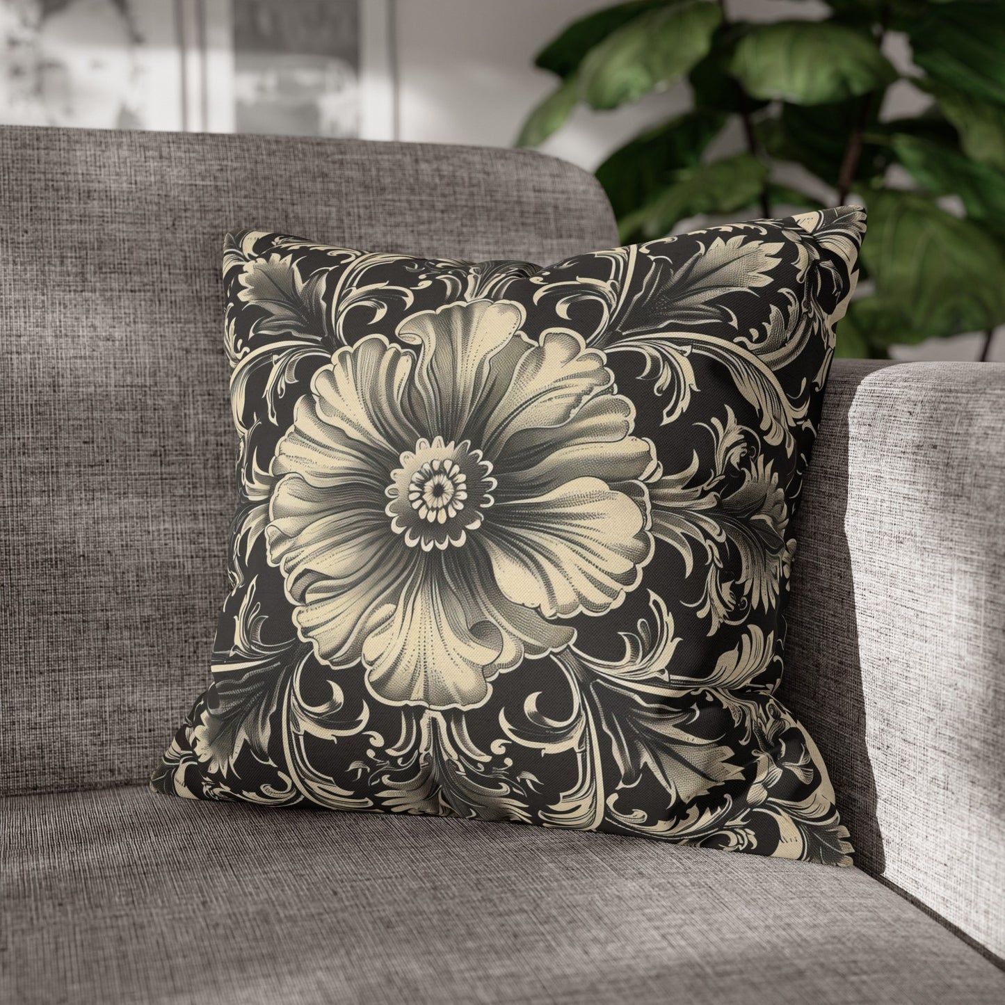 Elegant 19th Century Vintage Floral Damask Pillowcase in Black and Off-White (Pillow not included)