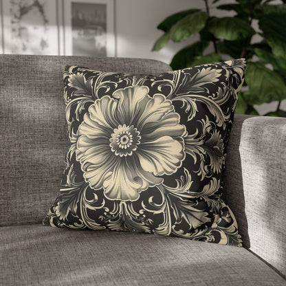 Elegant 19th Century Vintage Floral Damask Pillowcase in Black and Off-White (Pillow not included)