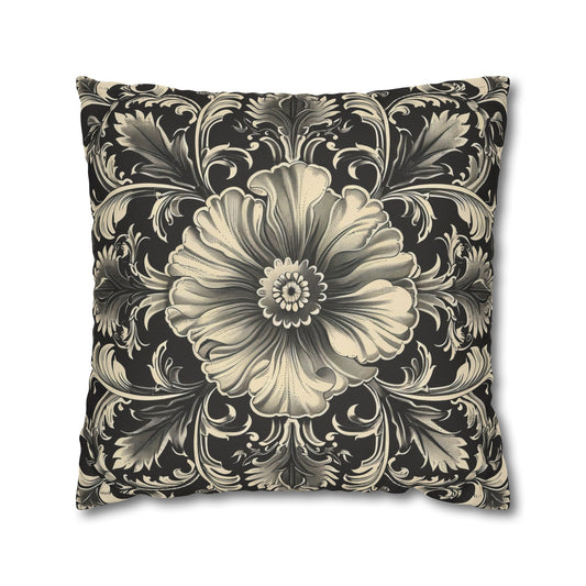 Elegant 19th Century Vintage Floral Damask Pillowcase in Black and Off-White (Pillow not included)