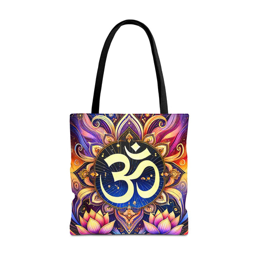 Vibrant Spiritual Yoga Art Om Symbol Tote Bag Durable Polyester with Cotton Straps Available in 3 Sizes