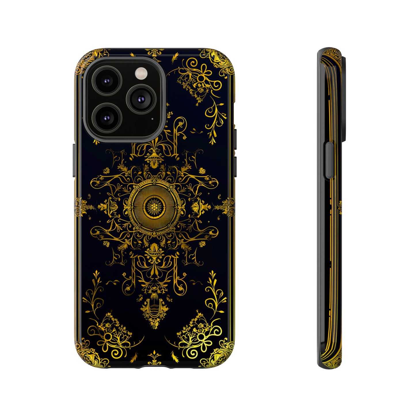 Luxury Gold Floral Damask Tough Phone Case - Elegant Black & Gold Baroque Design