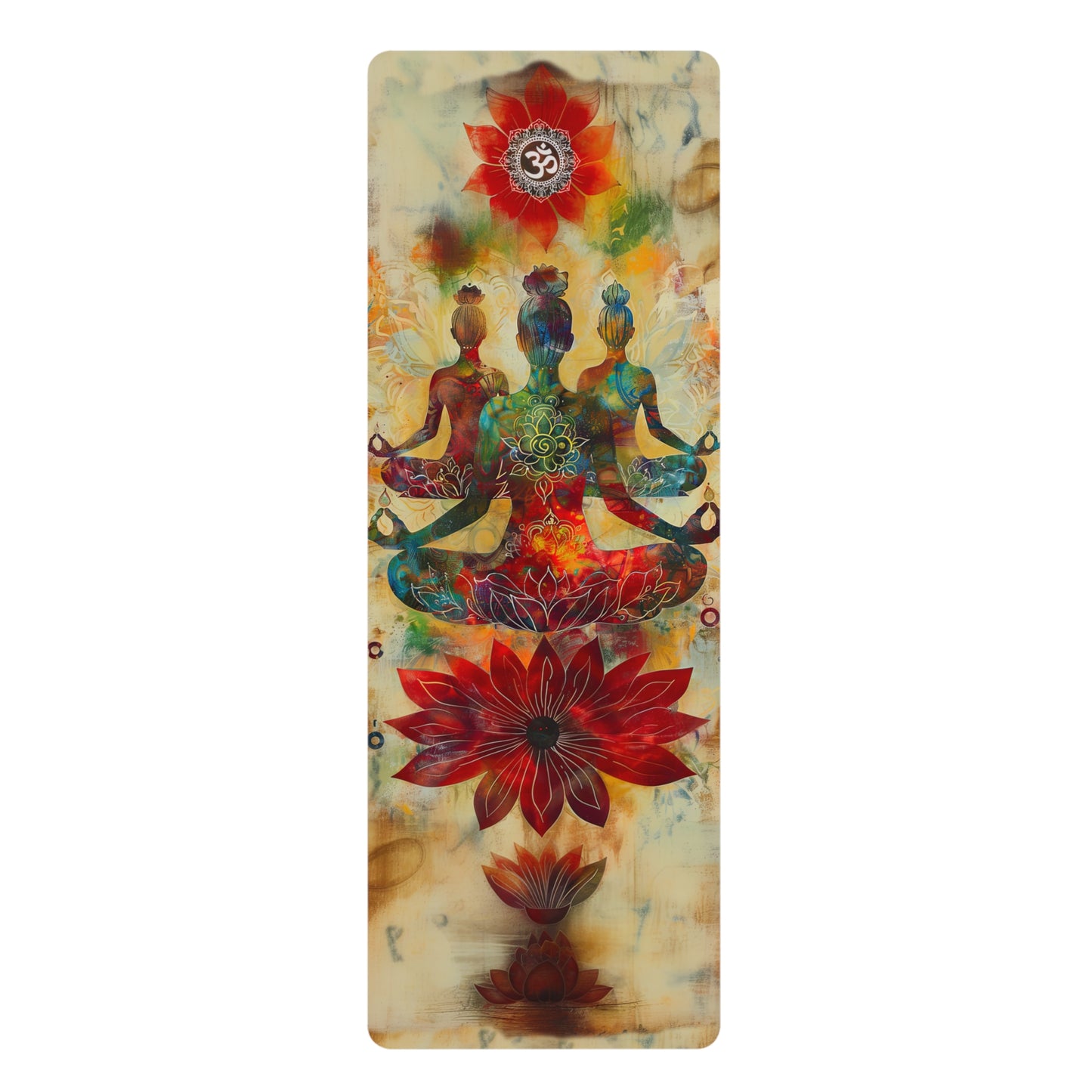 Non-Slip Rubber Yoga Mat with Vibrant Print - Lady Meditating Eye-Catching Design Featuring Lotus Flower and Om Symbol