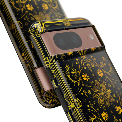 Luxury Gold Floral Damask Tough Phone Case - Elegant Black & Gold Baroque Design