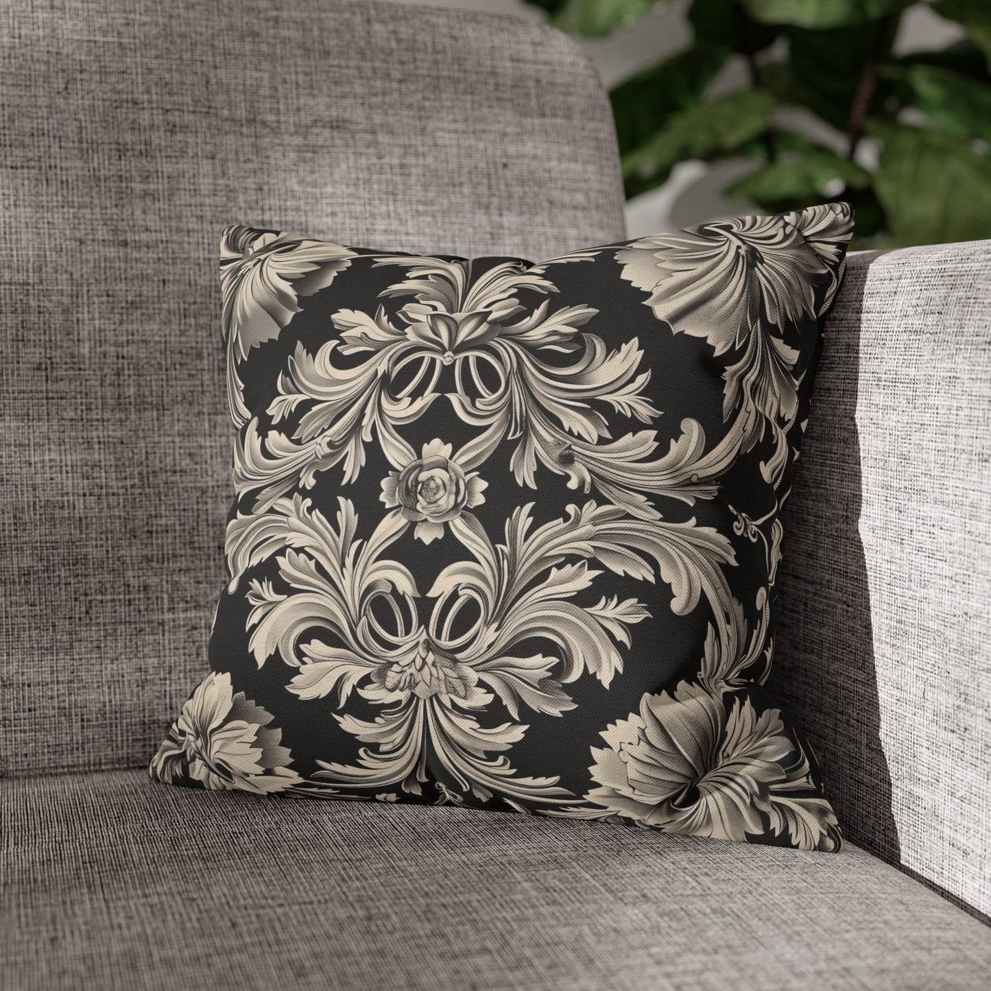 Elegant 19th Century Vintage Floral Damask Pillowcase in Black and Off-White (Pillow not included)